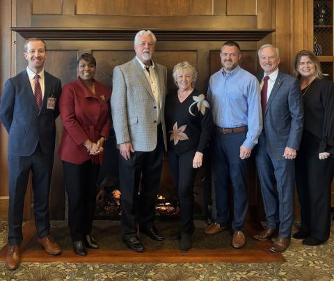 The Pre-Legislative Coffee event on Thursday, Jan. 8, at Currahee Club was emceed by Stephens County Hospital CEO Van Loskoski, left, and sponsored by Rick and Letha Phillips of the Phillips Group, middle. With them are Phillips Group Executive Vice President and Chief Operating Officer Cody Cobb, Georgia Rep. Chris Erwin, Toccoa-Stephens County Chamber of Commerce President Julie Paysen, and Chamber board chair Cassandra Wilkins.
