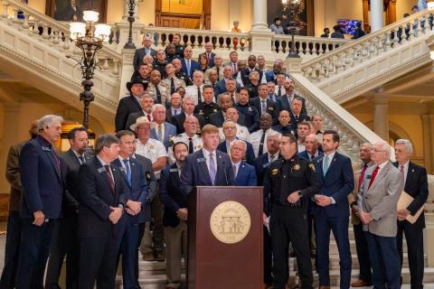 Stephens County Sheriff Rusty Fulbright visited the Capitol last week to support House Bill 973, which would provide for the state’s mental health hospital. He is standing about seven rows back near the center on the staircase.