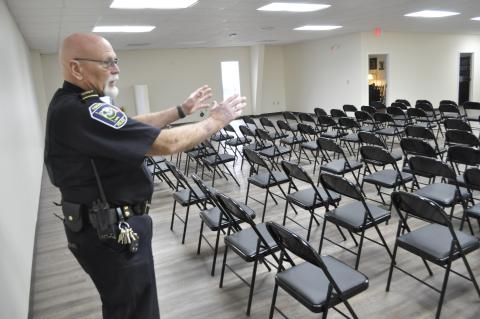 Toccoa police chief Bruce Carlisle shows off the new municipal courtroom at the future Toccoa Police Department location on Fernside Drive, opening soon.