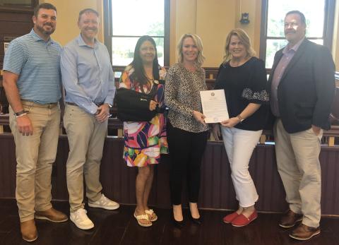 The Stephens County Board of Commissioners honored former Chamber of Commerce president Julie Paysen at its meeting on Tuesday night for her work. She was the president of the Chamber for 11 years. Pictured are BOC chair Chris Rickman, BOC vice chair Craig Oglesby, commissioner Debbie Whitlock, commissioner Tara Simmons, Paysen, and commissioner Chuck Wright.