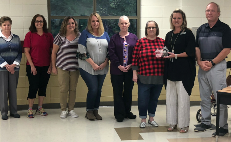Stephens County school nutrition department received a Golden Radish award from Georgia Organic for recent accomplishments. Pictured are (from left) lunchroom managers Ann Ayers of Toccoa Elementary, Tammy Hanson of Liberty  Elementary, Tangie Banks nutrition bookkeeper, Jureda Bowen of Stephens County High School, Shelia Kellar of Big A Elementary, Heidi Hickey of Stephens County Middle School, nutrition director Kim Caudell, and school superintendent Bryan Dorsey.