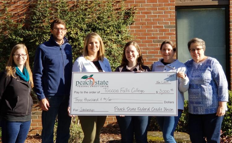 Pictured are Jennifer Doll, administrative assistant at Toccoa Falls College; Joseph Murrey, development officer at Toccoa Falls College; Letha Stowe, business development for Peach State Federal Credit Union; Amy Larson, student at Toccoa Falls College and scholarship recipient; Kristina Lightfoot, assistant professor of Teacher Education; and Dr. Donna Gardner, chair, Teacher Education Department at Toccoa Falls College.