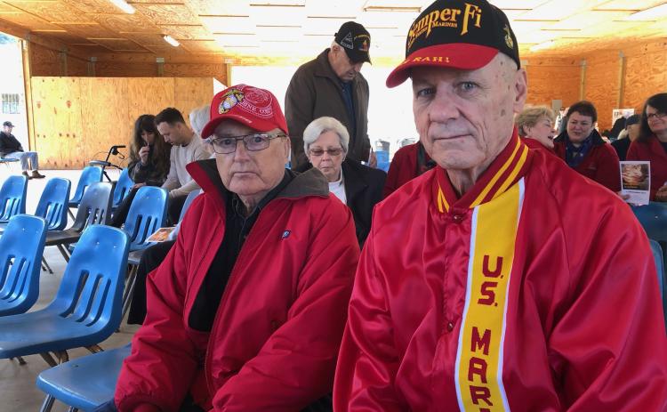 Marines Texas Lovell (right) and Ed Payne attended Monday's Veteran's Day observance.