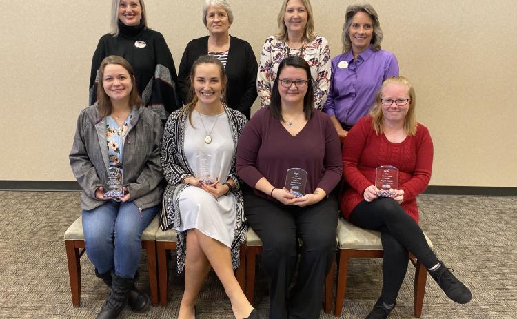 The top four NGTC GOAL nominees and their nominating instructors pictured behind them. Front from left are  Grace Jeffers, Kassidy Wood, Deitra Gray and Angel Gaddis. At rear are Allyson Smith, general education instructor; Angie Cowart, business technology instructor; Angie Minish, early childhood education instructor; and Pam Segers, criminal justice instructor.