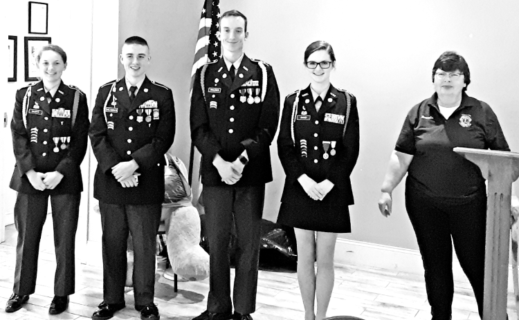 Winners in the Toccoa Lions Club patriotic essay contest are (from left) Gracey Scott, Jack McLaughlin, Tony Frazier and Ireland Dodd.  A panel of Army veterans from the community judged the essasy. The judges picked Arlene Dodd's essay as the "best of the best".  All the cadets received prize money from the Lions club.