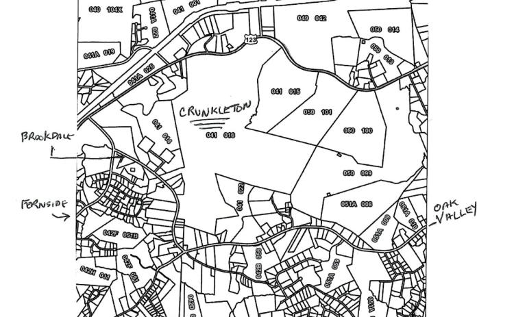 This is a map of the 499-acre Crunkleton property near Toccoa. It is flanked by Fern Valley Drive, Brookdale Road, and Oak Valley Road, and could be the site of a future rock quarry. Submitted by Donna Smith