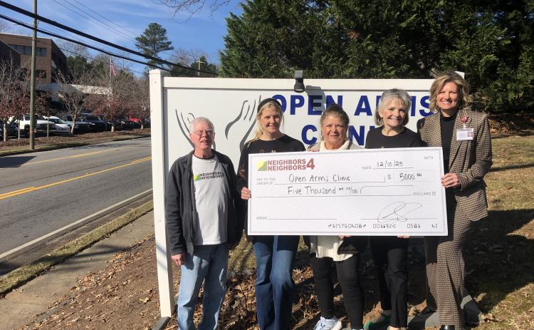 Within the past week, Open Arms clinic in Toccoa has received $25,000 from local entities to remain open, including a $20,000 donation from the North Georgia Community Foundation and $5,000 from Neighbors4Neighbors. N4N also pledged to donate $1,000 each month next year.