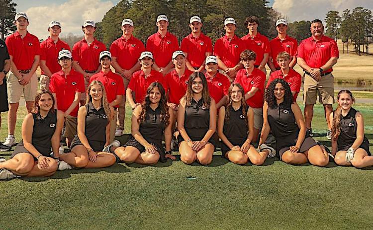 SCHS girls golf team members are (seated from left) Reagan Elrod, Taylor Beatty, Miley Carter, Allison Minchew, Macie Davis, Ivey Jackson and Cydney Addison. On the second row are boys team members Austin Minchew, Bryce Carignan, Cooper Pless, Connor Wallace, Baylor Whitfield, Isaac Champion and Skyler Phillips. At rear are coach Kirk Rogers, Nathan Burgess, Noah Brown, Drew Daves, Tate Bartmas, Luke Waters, Owen Hornick, Carter Rickman, Peyton Ritchie, Britt Jenkins and coach Jerry Underwood.