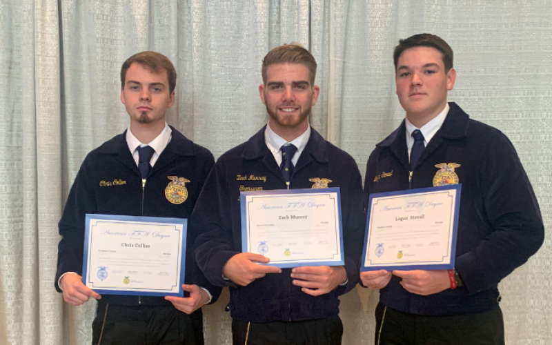 Pictured are three Stephens County FFA members who traveled to Indianapolis, Ind., to receive their American FFA Degrees. They are (from left) Chris Collier, Zack Murray and Logan Stovall. Not pictured are Kaine Addison and Tanner Allen.