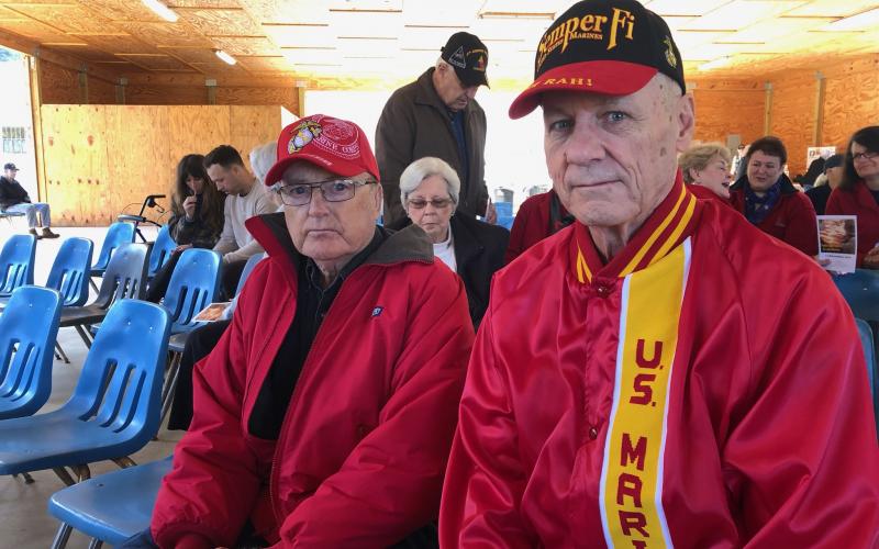 Marines Texas Lovell (right) and Ed Payne attended Monday's Veteran's Day observance.