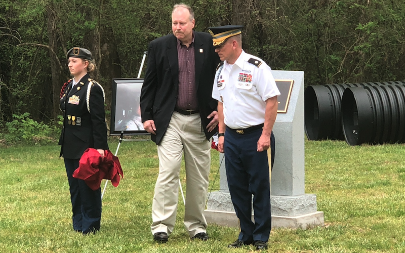 The Crone Foundation, formed in honor of Air Force veteran Robert F. Crone Jr., donated $25,000 for a new JROTC obstacle course at Stephens County High School. Pictured in front of a monument at the course are (from left)  JROTC battalion commander Shay Fischer, Bob Crone (John Crone's brother), and JROTIC senior instructor LTC (Ret) David Priatko.