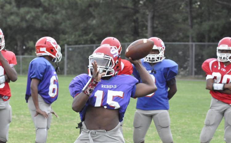 Rebel quarterback Javin Gordon loads up to fire a pass. The seventh grader is expected to operate the Rebel offense this season.