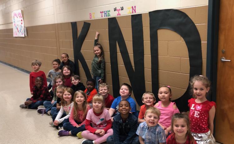 Students and staff at Big A Elementary school were recently challenged to be kind. Pictured are students of Shauna Snyder's class. They are (bottom, from left) Jayceon Newsom, Cessaly Holbrooks, Isaac Cavanaugh, Kylia Cantrell, Hannah Segars, Kathryn Prince, Quinsere Fleming, Jayce Martin, and Anna Thomas. On the  second row are Bella Moss, Madison Himes, Camden Mulligan, Xander Echols, Levi Adams, William Firster, Emmett Oland, Carmella Collins, and Collins Ledbetter. At rear are Kaiman Brown, and Paisley
