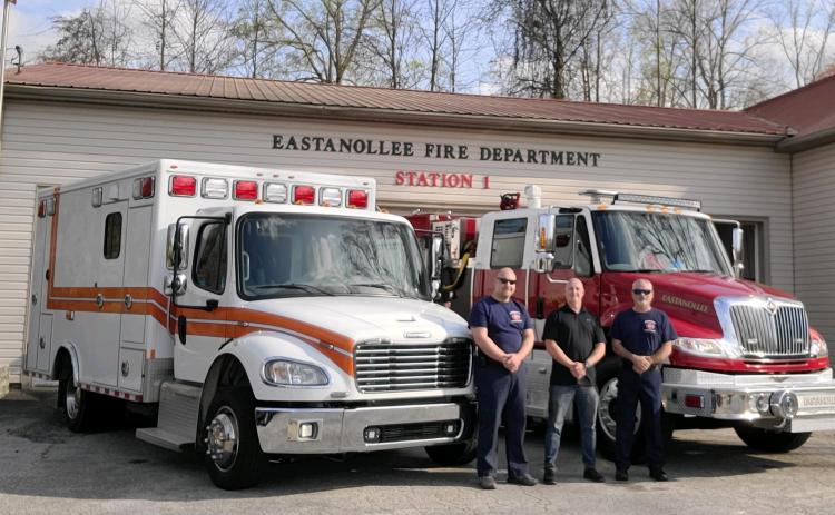 Stephens County firefighters have a new vehicle that will be used for rehab and shelter during area firefights. That's it to the left. Pictured are local firefighters Capt. Lee Woody, Eastanollee Fire Chief Jamey Gettys, and Brandon Hicks.